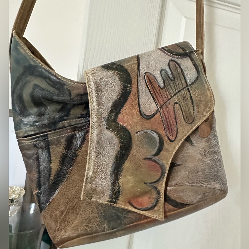 Botary Hand-Painted Brown Artistic Leather Shoulder Bag